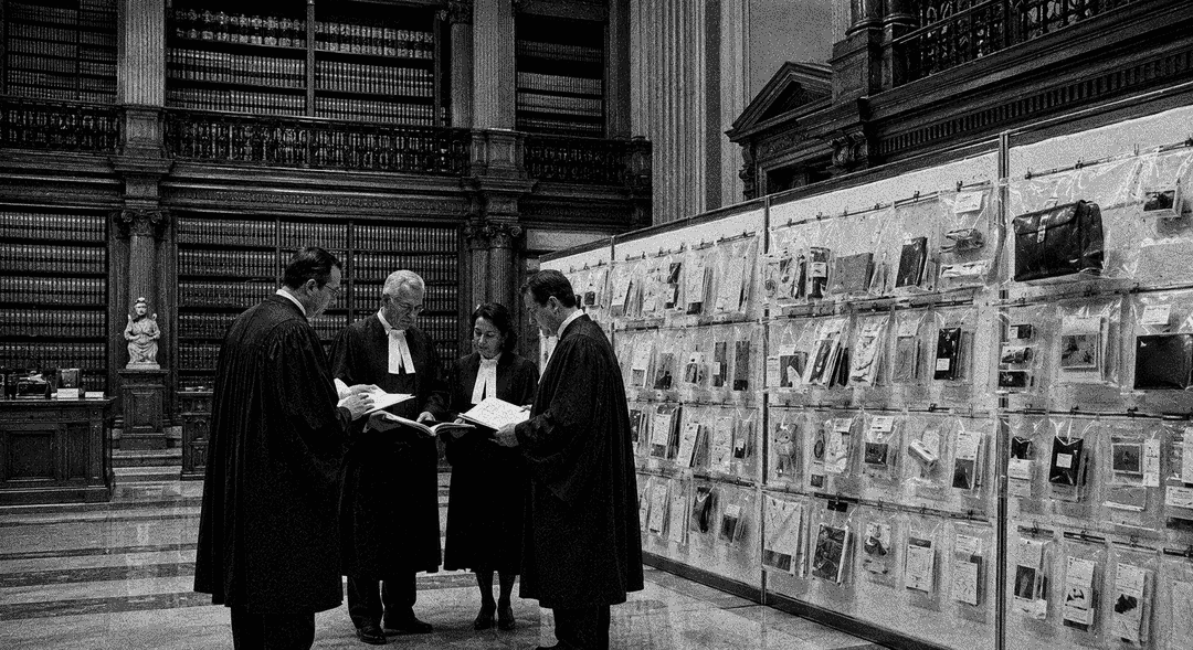 legal professionals reviewing case evidence in a law library
